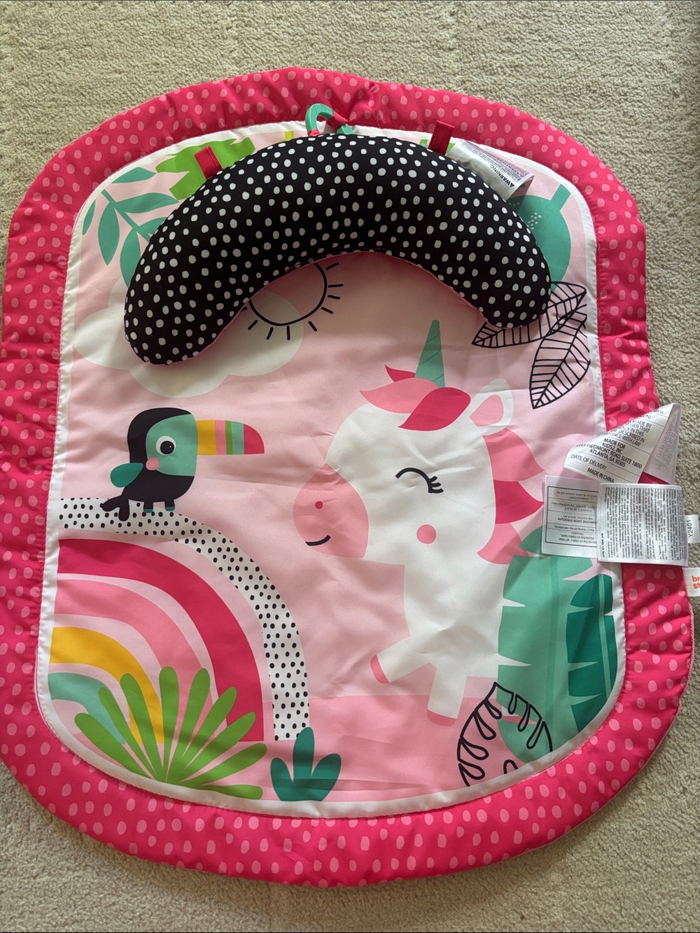 Pink Unicorn & Toucan Baby Play Mat with Removable Polka Dot Neck Pillow